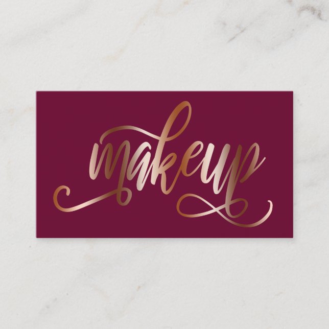 Eleganter Kupferstich-Rose-Gold & Bordeaux-Make-up Visitenkarte (Vorderseite)