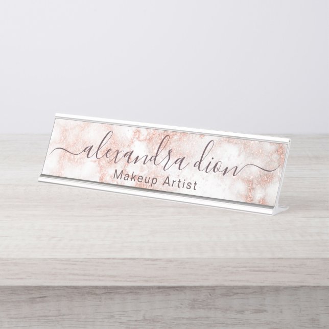 Eleganter Kupferstich-Rose-Gold-Glitzer-Makeup-Kün Schreibtischnamensplakette (Vorderseite )