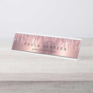 Eleganter Kupferstich-Rose-Gold-Glitzer-Tropfen Schreibtischnamensplakette