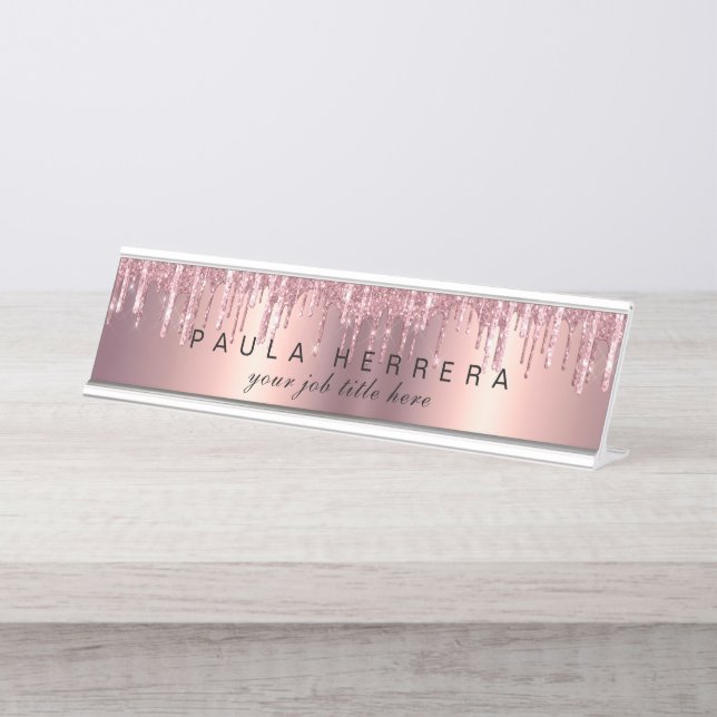 Eleganter Kupferstich-Rose-Gold-Glitzer-Tropfen Schreibtischnamensplakette (Vorderseite )
