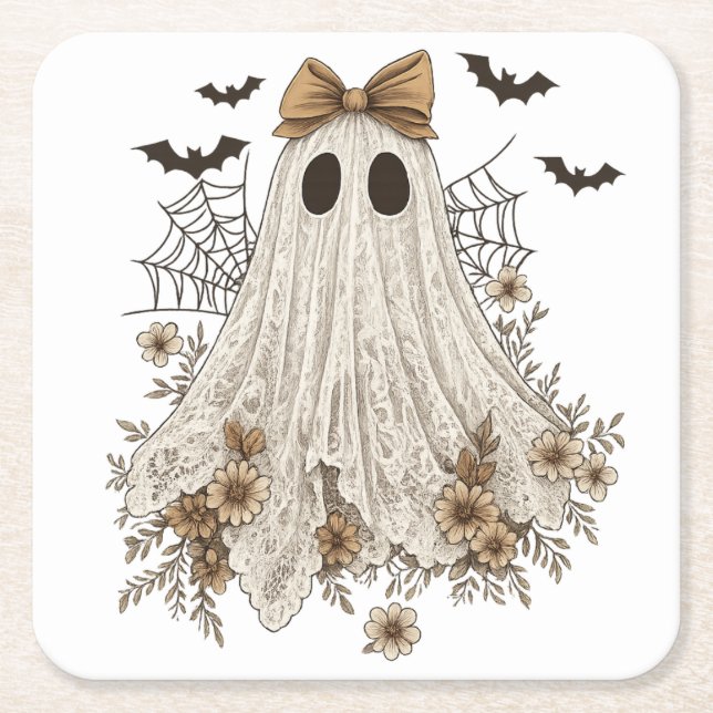 Eleganter Lace Ghost mit Bow | Floral Ghost Rechteckiger Pappuntersetzer (Vorderseite)