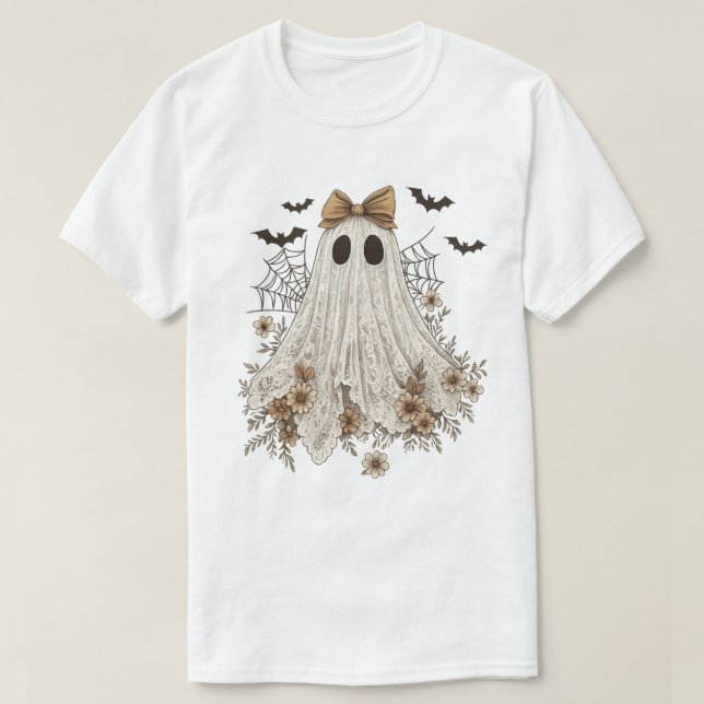 Eleganter Lace Ghost mit Bow | Floral Ghost T-Shirt (Design vorne)