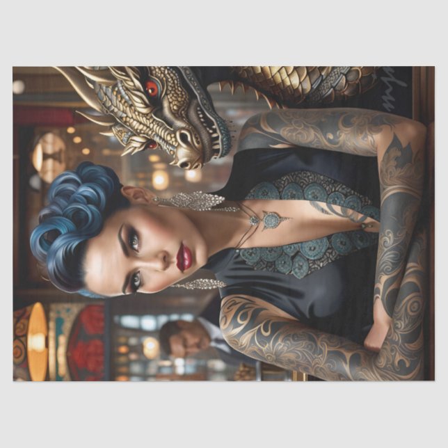 Eleganter Lady Boss mit Tattoo und Dragon Decoupag Seidenpapier (Vorderseite)