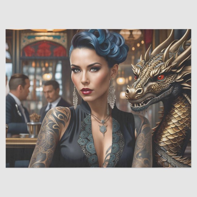 Eleganter Lady Boss mit Tattoo und Dragon Decoupag Seidenpapier (Vorderseite)