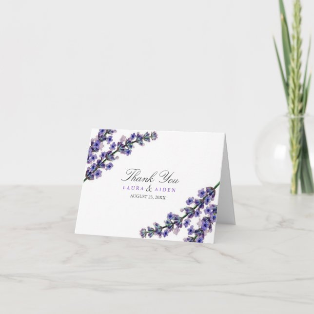 Eleganter Lavendel-Blumenhochzeit danken Ihnen zu Dankeskarte (Vorderseite)