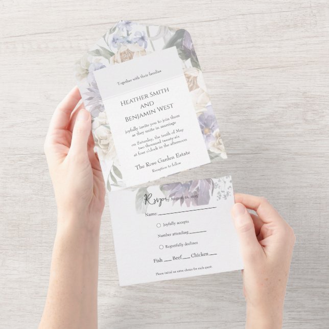 Eleganter Lavendel, Elfenbeinblume & Blauer Blüten All In One Einladung (Abreißtisch)