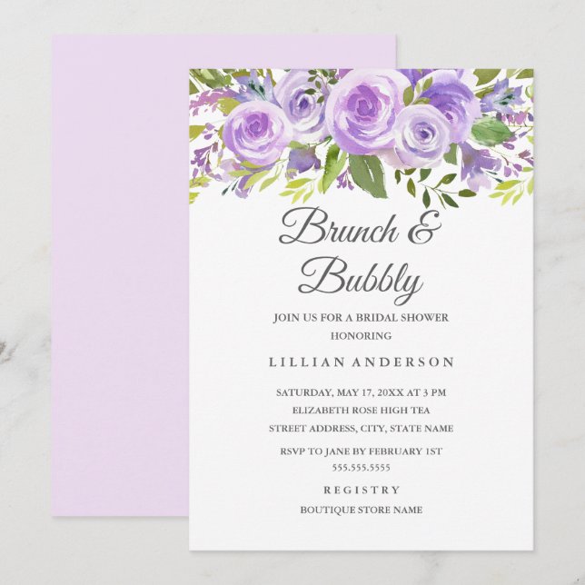 Eleganter Lavendel Rose Brunch und Bubbly Einladung (Vorne/Hinten)