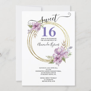 Eleganter Lavendel und Gold Sweet 16 Blumenkreis Einladung