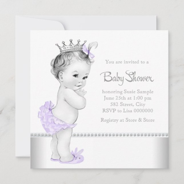 Eleganter Lavendel und Silver Baby Dusche Einladung (Vorderseite)