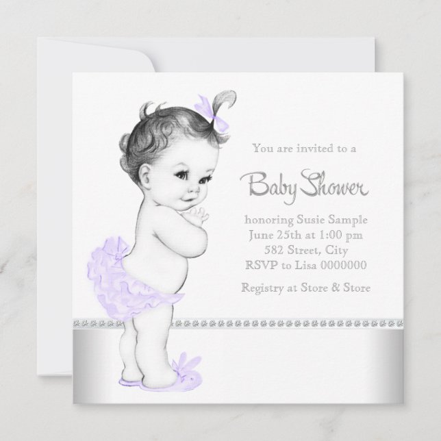 Eleganter Lavendel und Silver Baby Dusche Einladung (Vorderseite)