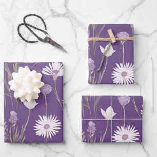 Eleganter Lavendel White Boho Wildblume Floral Geschenkpapier Set