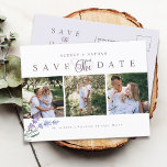 Eleganter Lavender 3 Fotos Save the Date Ankündigungspostkarte<br><div class="desc">Eleganter und rustikaler Aquarelllavender mit 3-Foto-Collage im horizontalen Format,  Typografie in staubigen lila Save the Date Postcard.</div>