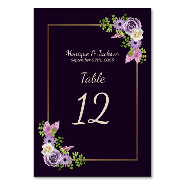 Eleganter Lavender Floral Gold Frame Lila Hochzeit Tischnummer (Vorderseite)