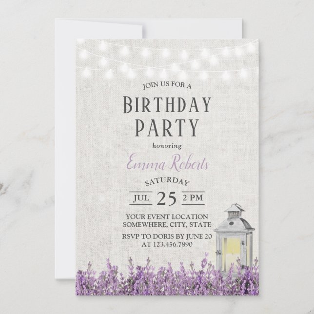 Eleganter Lavender Floral Vintag Lantern Geburtsta Einladung (Vorderseite)