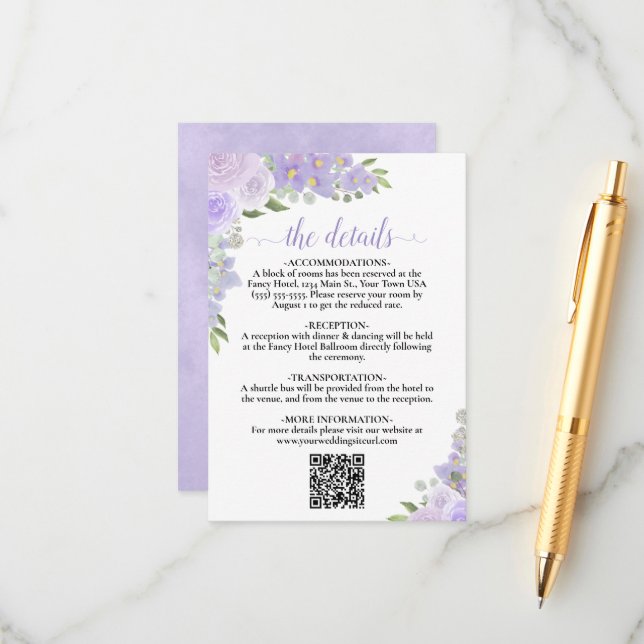Eleganter Lavender Floral Wedding Details QR Code Begleitkarte (Vorderseite/Rückseite Beispiel)