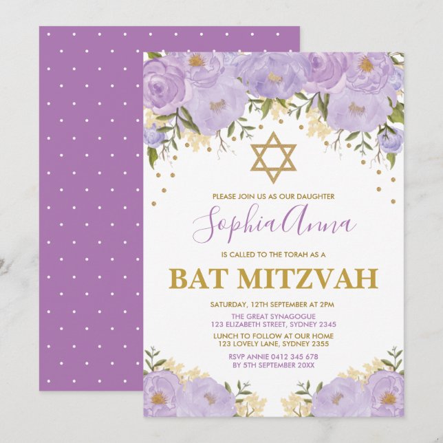 Eleganter Lavender & Gold Floral Bat Mitzvah Einladung (Vorne/Hinten)