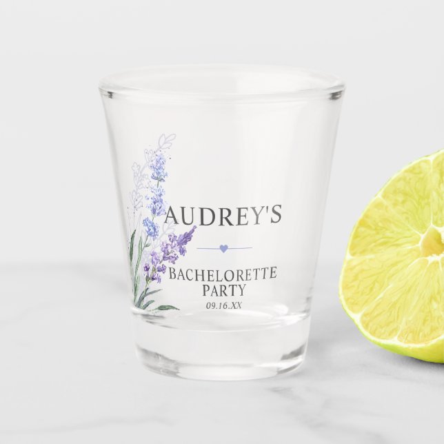 Eleganter Lavender Lila Junggeselinnen-Abschied Schnapsglas (Vorderseite)