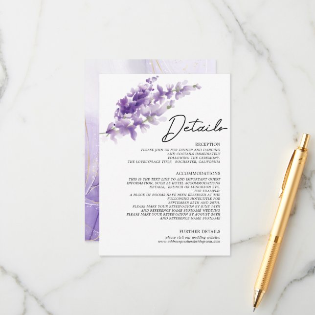 Eleganter Lavender Lila Wasserfarben Hochzeitsdeta Begleitkarte (Vorderseite/Rückseite Beispiel)
