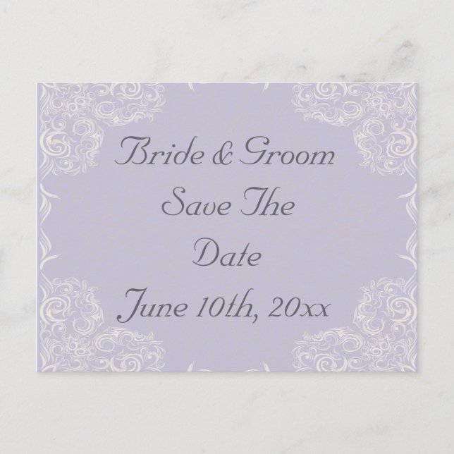 Eleganter Lavender mit White Wirbel Wedding Ankündigungspostkarte (Vorderseite)