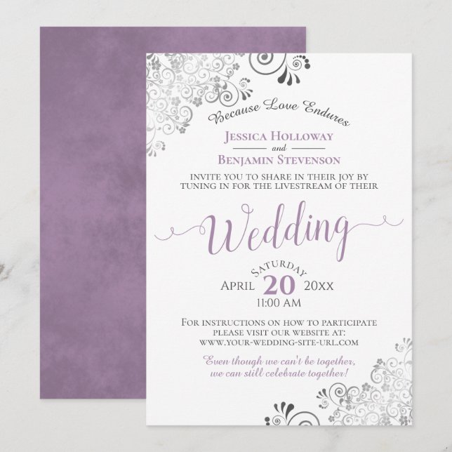 Eleganter Lavender on White Wedding Livestream Einladung (Vorne/Hinten)