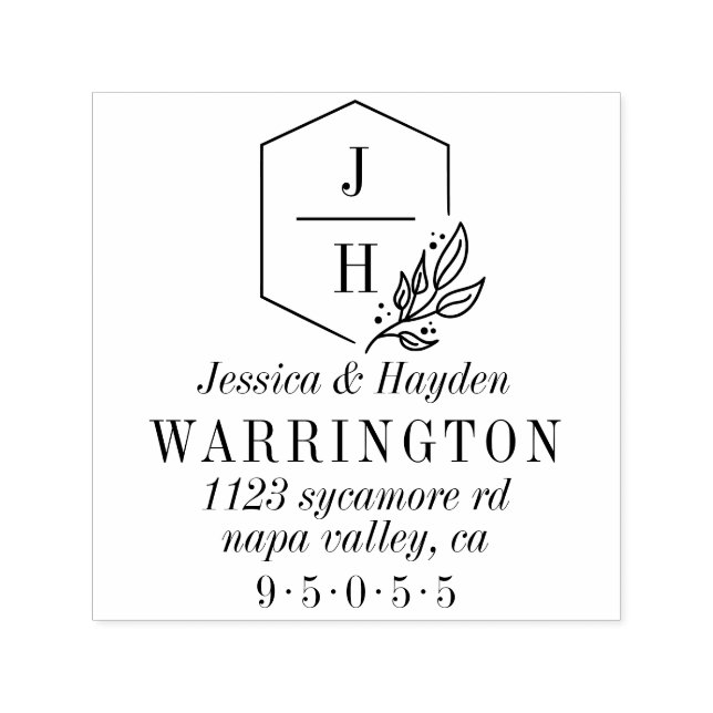 Eleganter Leaf Monogramm Rahmen | Hochzeitsadresse Permastempel (Design)