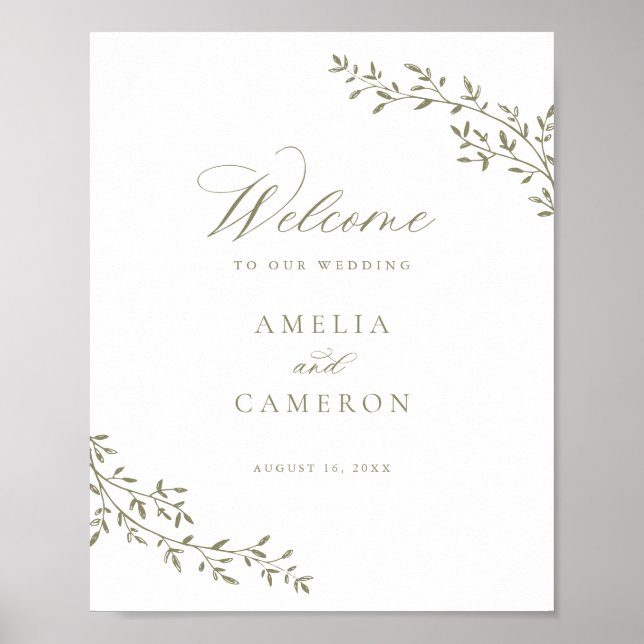 Eleganter Leaf Zweig Botanische Hochzeit Willkomme Poster (Vorne)