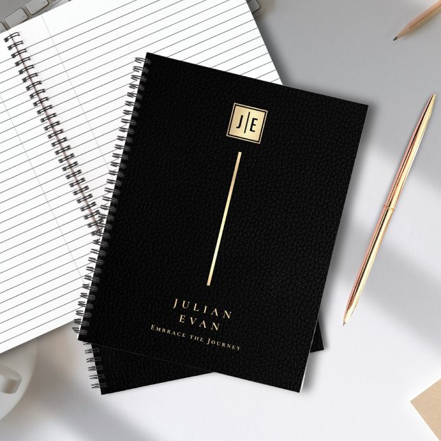 Eleganter Leder Print Black & Gold Monogram Spiral Notizbuch (Elegant Leather Print Black & Gold Monogram Spiral Notebook)