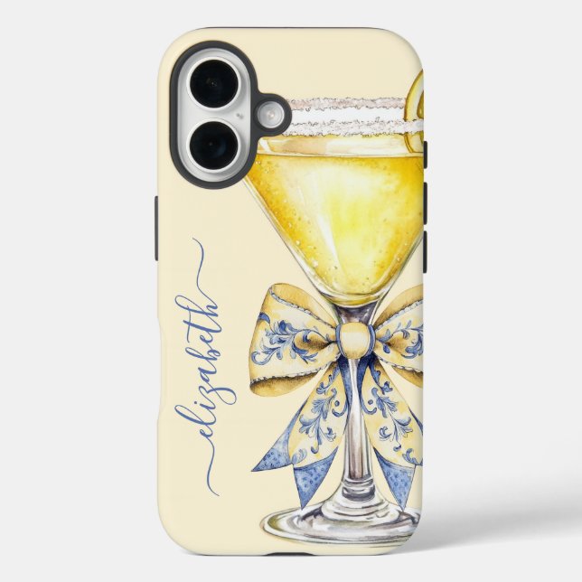 Eleganter Lemon Drop Martini Monogramm iPhone 16 Hülle (Rückseite)