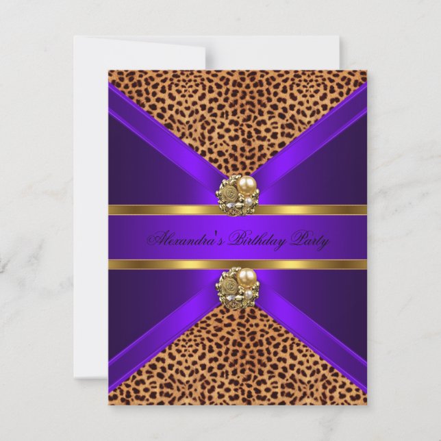 Eleganter Leopard Animal Lila Gold Black Birthday Einladung (Vorderseite)