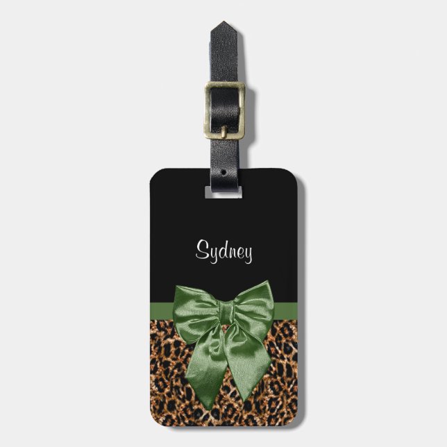 Eleganter Leopard-Druck-stilvoller grüner Bogen Gepäckanhänger (Vorderseite vertikal)
