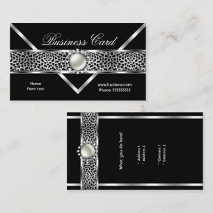Eleganter Leopard Schwarz Silber Diamant Perle 2 Visitenkarte