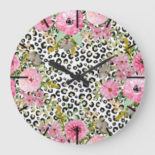 Eleganter Leopardenprint und Blumendesign Große Wanduhr