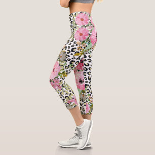 Eleganter Leopardenprint und florales Design Capri Leggings