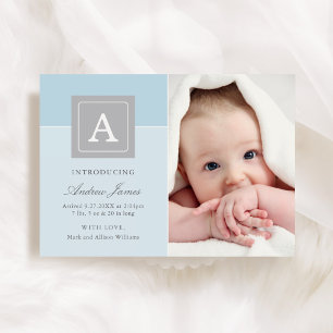 Eleganter Letter Block Baby Boy Foto Blue Birth Ankündigung