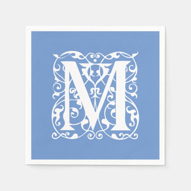 Eleganter Letter M Blau und Weiß Classic Monogramm Serviette (Vorderseite)