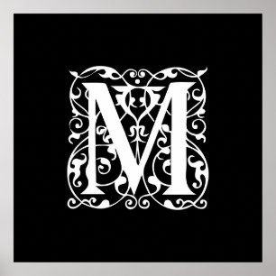 Eleganter Letter M White auf schwarzem Monogramm Poster