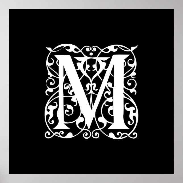 Eleganter Letter M White auf schwarzem Monogramm Poster (Vorne)