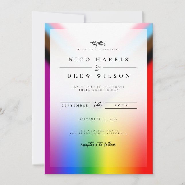Eleganter LGBTQ+-Fortschrittsstolz auf Hochzeit Einladung (Vorderseite)