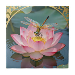 Eleganter Libellen-Rosa-Lotus-Jugendstil-Rahmen Fliese