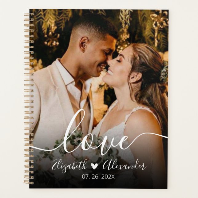 Eleganter Liebe Script Foto Hochzeitsplaner Planer (Vorderseite)