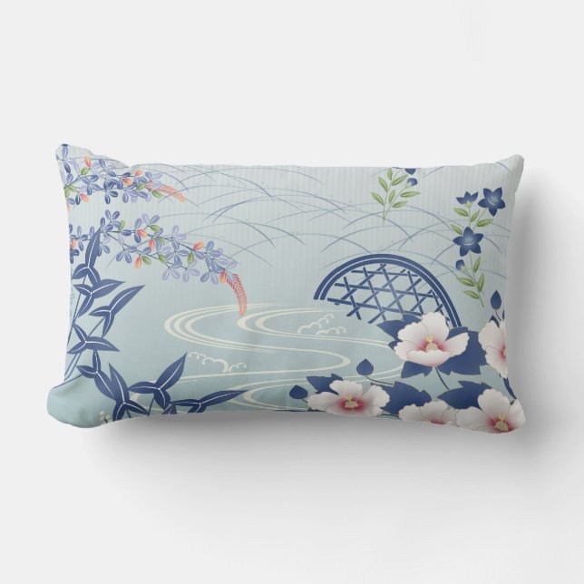Eleganter Light Blue Japanischer Blumengarten Lendenkissen (Vorderseite)