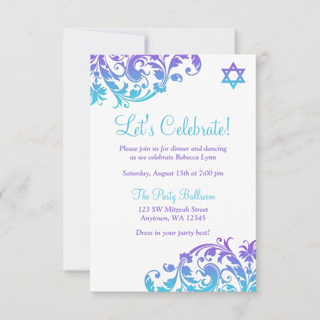 Eleganter Lila Aquamariner Blüh Bat Mitzvah Empfan Einladung (Vorderseite)
