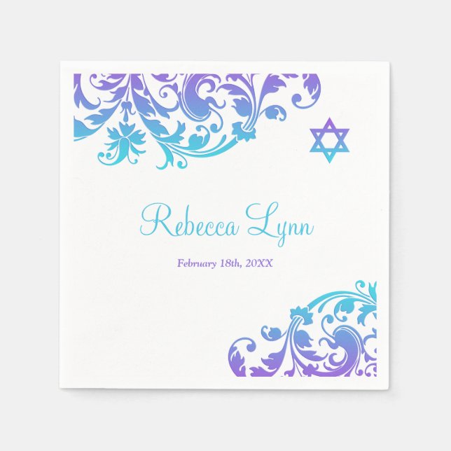 Eleganter Lila Aquamariner Blüh Bat Mitzvah Serviette (Vorderseite)