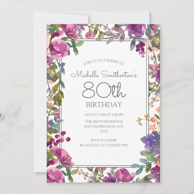 Eleganter Lila Aquarellblume 80. Geburtstag Einladung (Vorderseite)