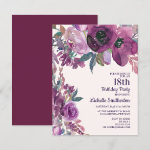 Eleganter Lila Aquarellblumen 18. Geburtstag Einladung