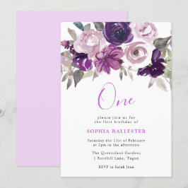 Eleganter Lila Aquarellblumen 1. Geburtstag Einladung