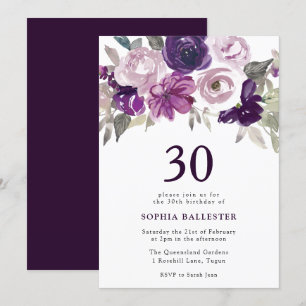 Eleganter Lila Aquarellblumen 30. Geburtstag Einladung