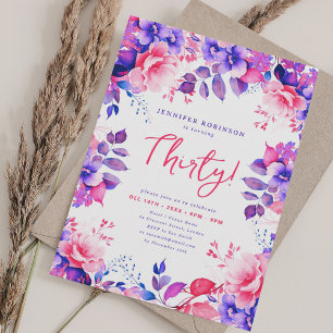 Eleganter Lila Aquarellblumen 30. Geburtstag Einladung