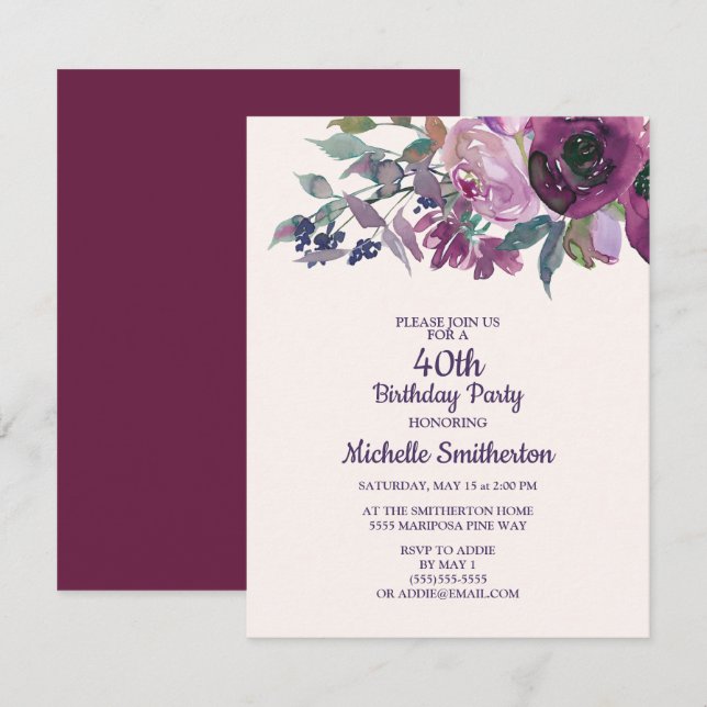 Eleganter Lila Aquarellblumen 40. Geburtstag Einladung (Vorne/Hinten)