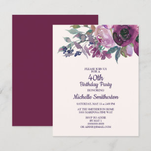 Eleganter Lila Aquarellblumen 40. Geburtstag Einladung
